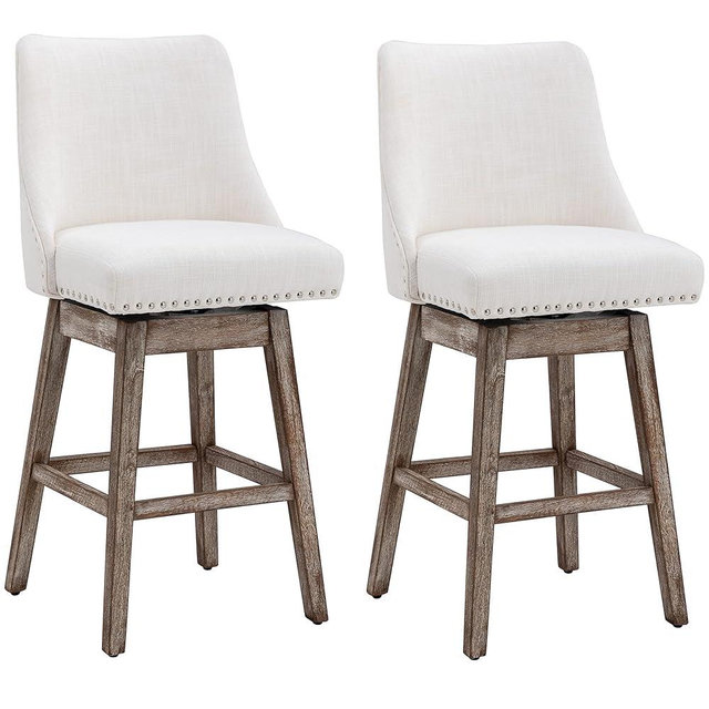 chairus Counter Height Swivel Bar Stool Chairs Set of 2 Mid-Century Modern 27 inch Barstools with Wood Legs Comfy Linen Fabric Upholstered Bar Chairs for Home Bar/Kitchen Island/Restaurant, Cream