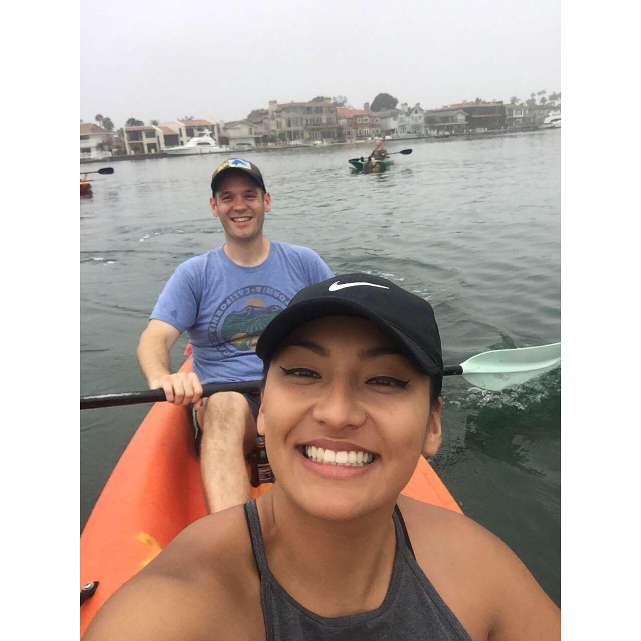 Kayaking with friends in Huntington Beach.