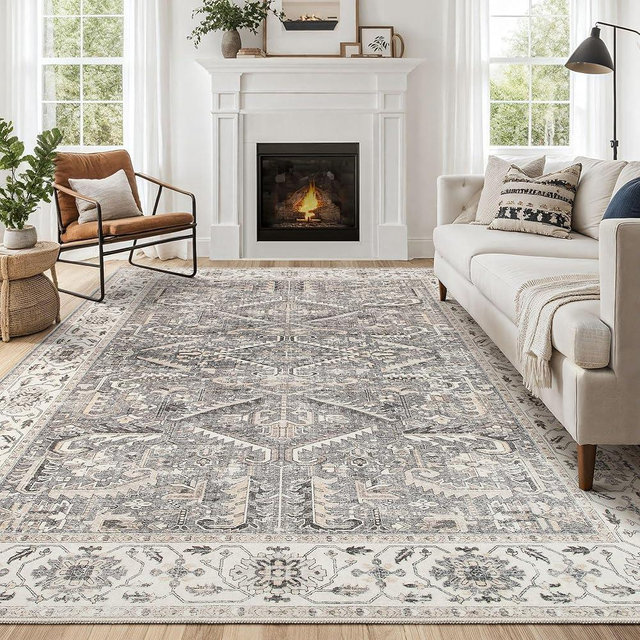 Area Rugs 9x12 for Living Room - Washable Soft Large Vintage Rug Non-Slip Stain Resistant Traditional Stain Resistant Indoor Floor Low Pile Carpet for Bedroom Dining Room or Home Office - Gray