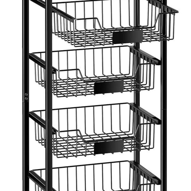 OKZEST Fruit Basket, 5-Tier Utility Kitchen Organizer and Storage Cart with Pull-Out Baskets and Wood Top, Rolling Pantry Kitchen Cart on Wheels for Fruit Potato Onion Vegetable Snack Produce
