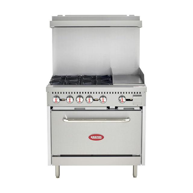 Kratos Commercial Gas Range, 36" Wide with 12" Griddle, 4 Burners, and 1 Standard Oven, Liquid Propane (29Y-173-LP)