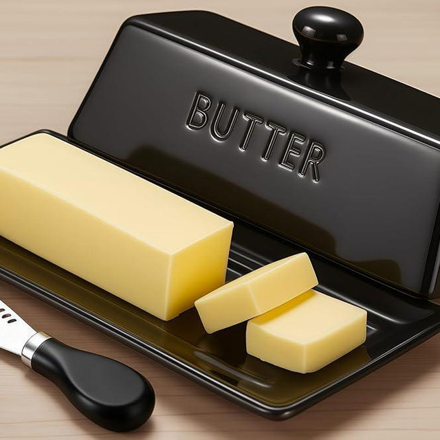 WERTIOO Butter Dish with Lid, Ceramic Butter Dish with Lid for Countertop for 1 Stick. Textured Tray with Stainless Steel 3 in 1 Butter Spreader, Microwave and Dishwasher Safe, Black