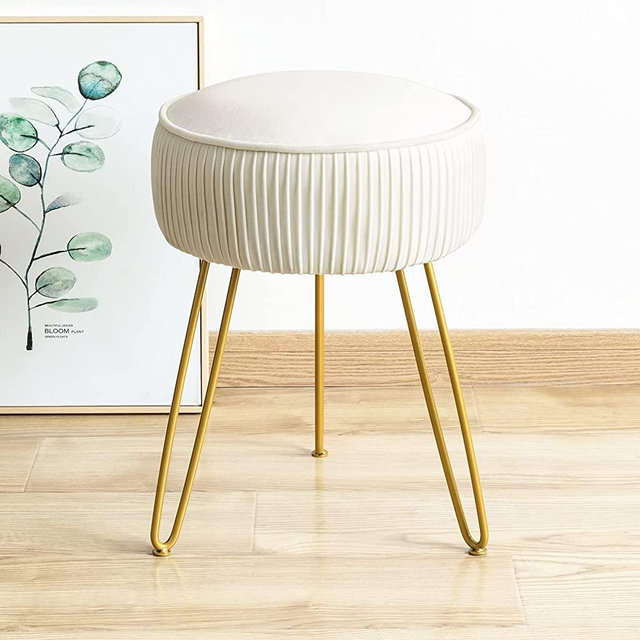 Modern Velvet Round Footstool Ottoman, White Vanity Stool Foot Rest with Gold Legs, Upholstered Pleated Vanity Chair Ottoman Stool, Makeup Stools for Vanity, Footrest for Living Room and Bedroom