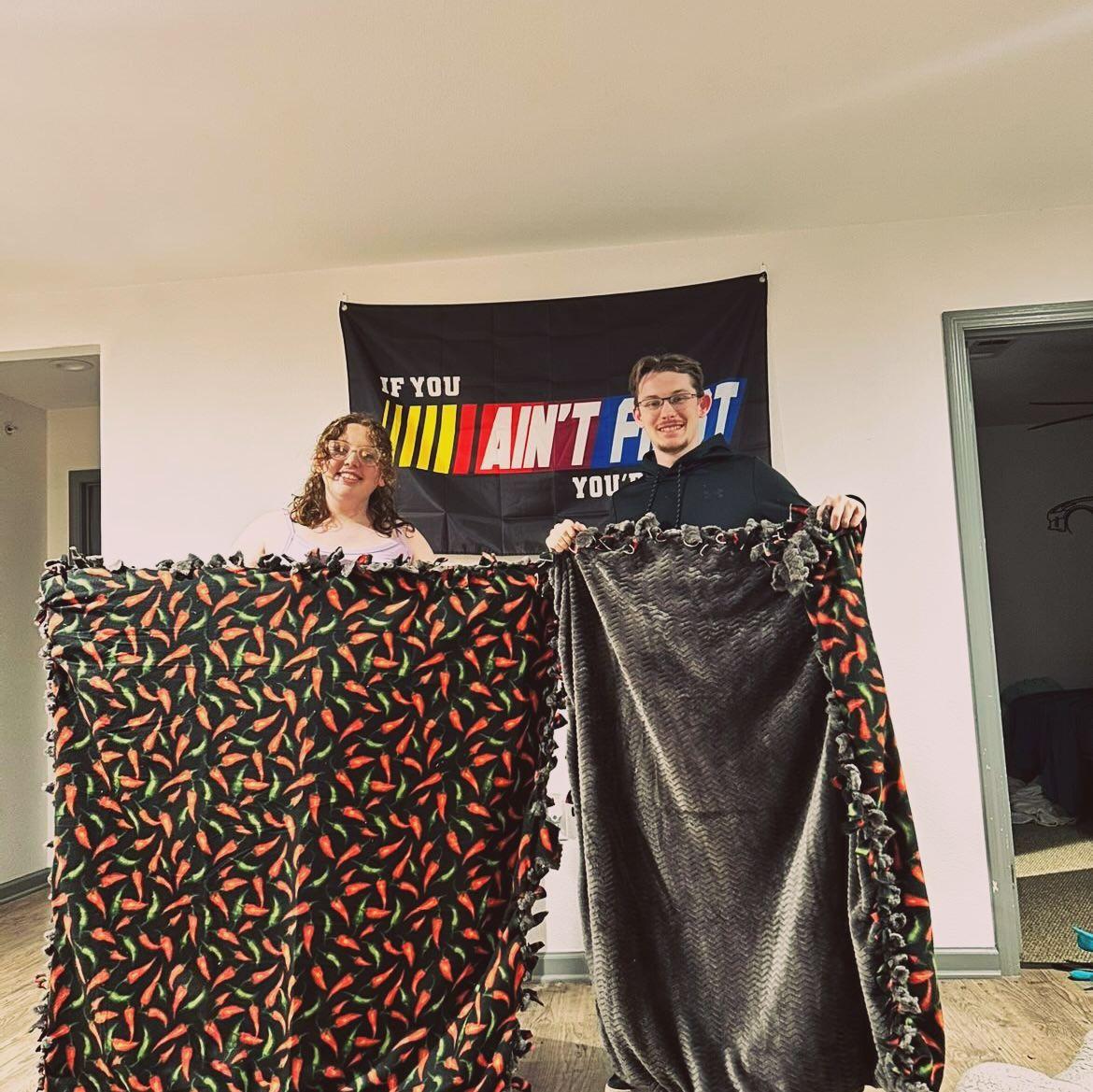 1st anniversary- made blankets, and Ty got pulled over on a scooter.