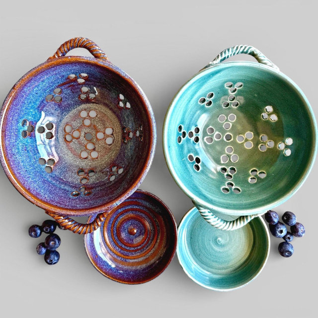 Ceramic Berry Bowl & Saucer/Drip Plate, Small Stoneware Strainer Colander With Handles, In Deep Seafoam Green or Lavender Blue