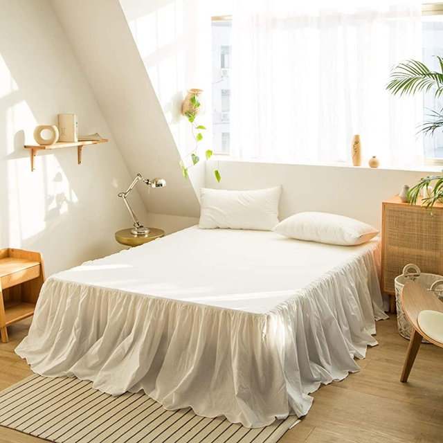 BISELINA French Linen Bed Skirt with Pleated Frills 22-Inch Tailored Drop Natural Flax Cotton Blend Dust Ruffle Soft Cozy Farmhouse Bedding (22" Queen, White)