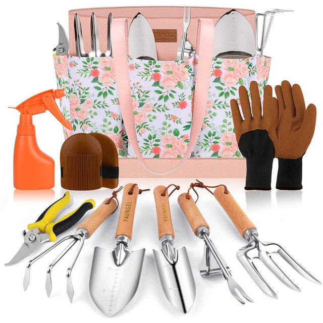 Gardening Tools - YAUNGEL 10 Pcs Garden Tool Set, Heavy Duty Stainless Steel Gardening Supplies Hand Tools with Wooden Handle, Storage Tote Bag, Ideal Gardening Gifts for Women and Men, Pink