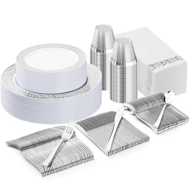 Bestluck 175PCS Silver Plastic Dinnerware Set for 25 Guests, Disposable Plates for Party, Wedding, Include 25 Dinner Plates, 25 Dessert Plates, 25 Set Silver Silverware, 25 Cups, 25 Napkins