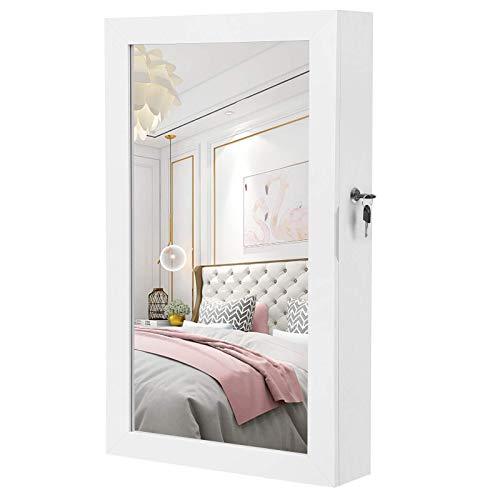 SONGMICS Lockable Jewelry Cabinet Armoire with Mirror, Wall-Mounted Space Saving Jewelry Storage Organizer White UJJC51WT