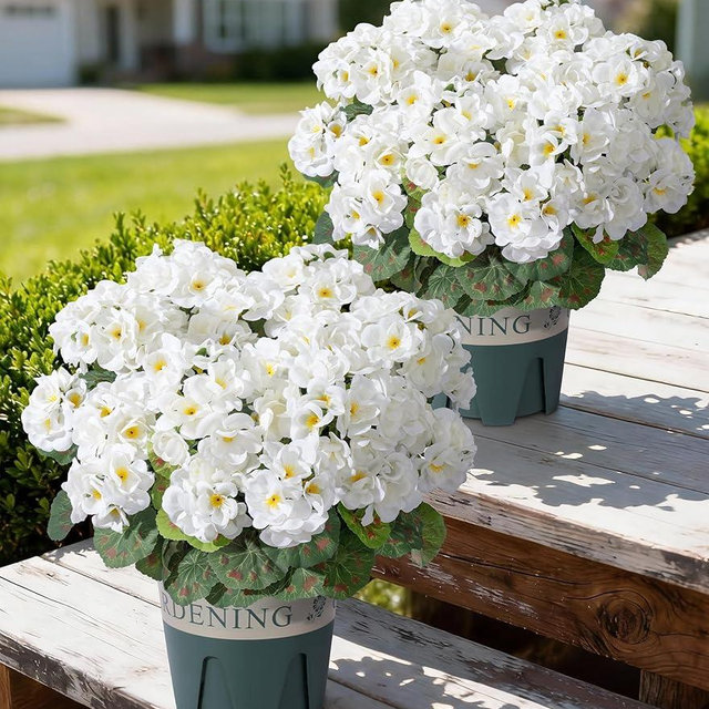 Geraniums Artificial Flowers for Outdoors, 2 Pack Potted Plants White Faux Geraniums Bush Artificial Topiaries Realistic UV Resistant Fake Flowers Plants for Planters Outside Gardens Front Door Indoor