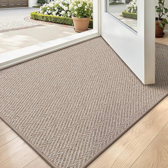 LUMI Ultra Thin Indoor Door Mat for Entrance 24"x36", Non Slip Entryway Mat, Low Profile Doormat, Unique Herringbone Design Carpet for Inside, Patio, Porch, Dark Beige