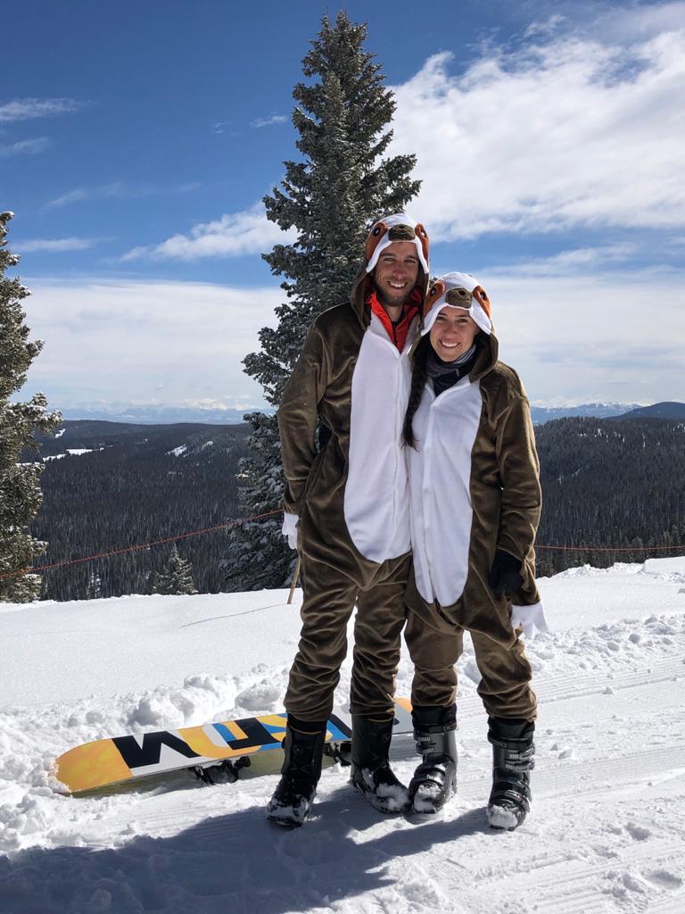 Skiing sloths! Steamboat powder day in onesies with our friends