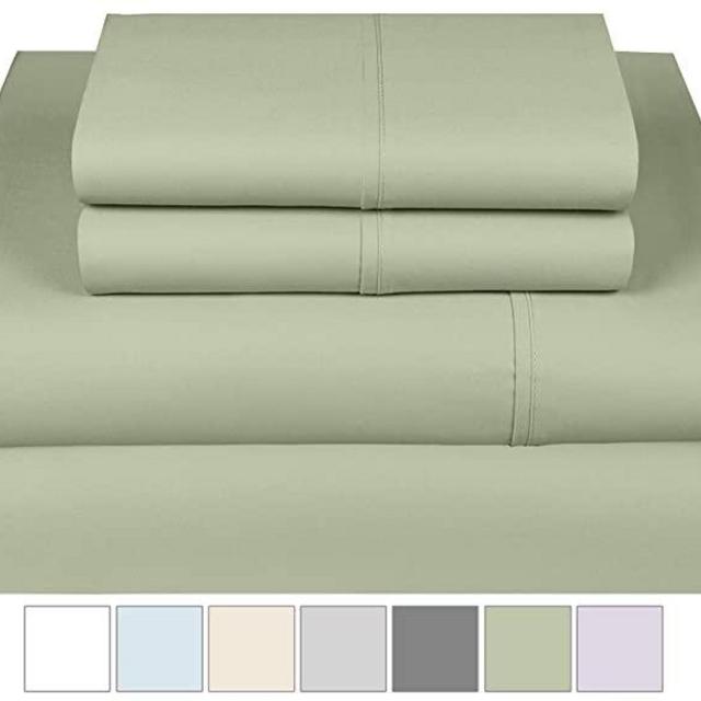 Threadmill Home Linen 300 Thread Count Bedding Collection 100% Long Staple Cotton Solid Sateen Sheet Set, Luxury Bedding, 4 Piece Set, Bed Sheets, Smooth Sateen Weave, Queen, Sage