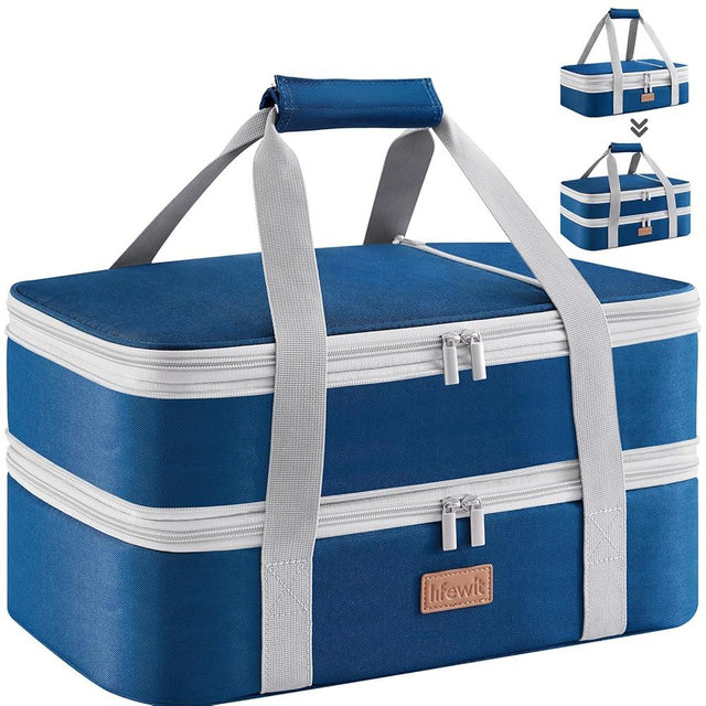 Lifewit Expandable Insulated Casserole Carrier for Hot or Cold Food, Double Decker Food Bag Lasagna Holder Carry Tote for Potluck Parties/Picnic/Cookouts, Fits 9"x13" Baking Dish, Pure Blue