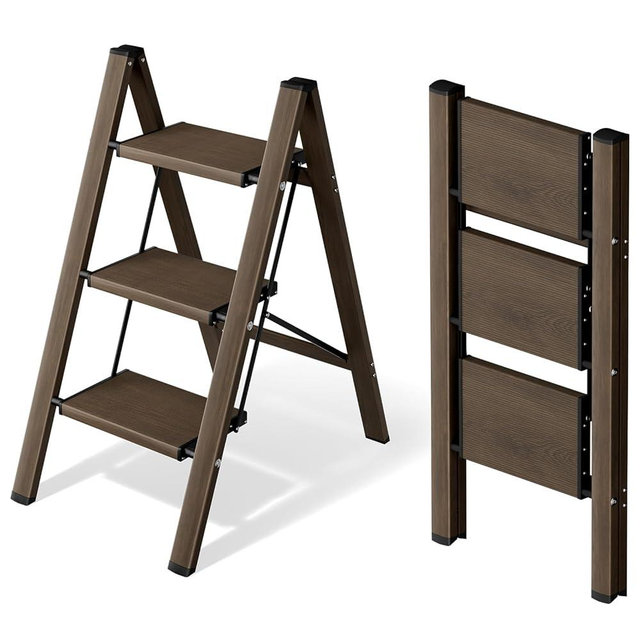 Mayi Plus 3 Step Ladder,Aluminum Folding Step Stool for Adults,Step Ladder with Wide Anti-Slip Pedal,330 lbs Capacity for Home,Office,Kitchen,Library(Walnut)