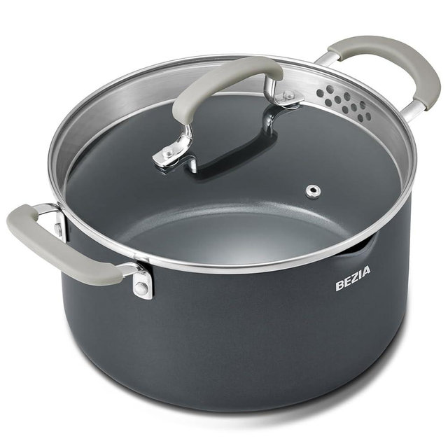 BEZIA 6 QT Cooking Pots with Lids, Soup Pot with Nonstick Ceramic Coating, Stay-Cool Handles, Nonstick Stock Pot with Strainer Lid, Dishwasher Safe, Induction Compatible