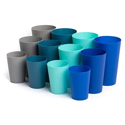 Klickpick Home Multi Size 10 Ounce 15 Ounce 20 Ounce - 12 Piece Premium Quality Plastic Beverage Tumblers Reusable Cups Dishwasher Safe BPAFree In 4 Coastal Colours