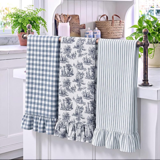 Irenare 3 Pack Grey Blue Kitchen Towels with Ruffles French Country Towel | 100% Cotton Vintage Dish Cloths, 18 x 28 Inch, Absorbent Decorative Tea Towel Set with Hanging Loop, Gift-ready Set