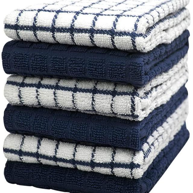 Premium Kitchen Towels (16”x 28”, 6 Pack) – Large Cotton Kitchen Hand Towels – Chef Weave Design – 380 GSM Highly Absorbent Tea Towels Set with Hanging Loop – Navy