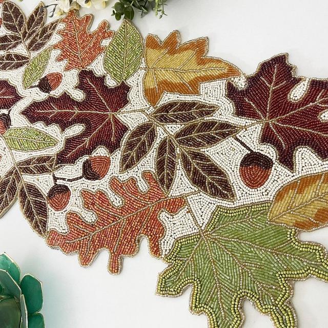 Handmade table runner, maple leaf bead runner, 13x36inch, multicolour