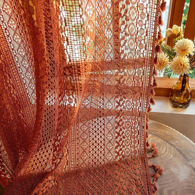WAZZIO Boho Lace Curtains 72 Inches 2 Panel,Light Filtering Privacy Tassel & Geometry Crochet Semi Sheer Curtain Drapes for Bedroom Living Dining Room,Rod Pocket & Tassel,Full Decor,Burnt Orange