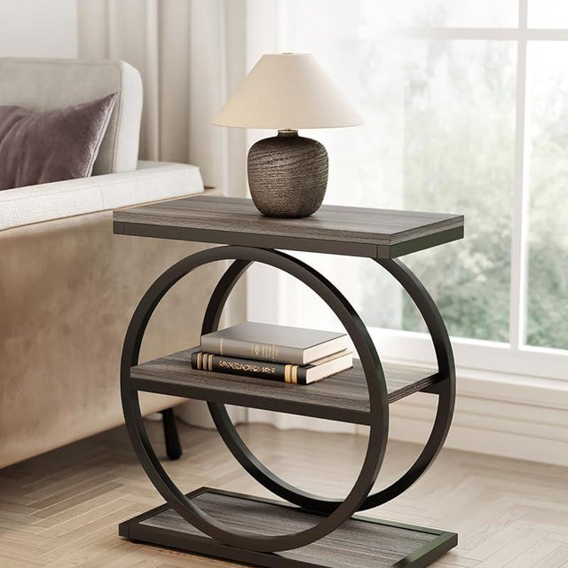 LITTLE TREE End Table, 3-Tier Side Table, Slim Sofa Side Table for Living Room, Tall Bedside Table Nightstand for Bedroom, Grey and Black