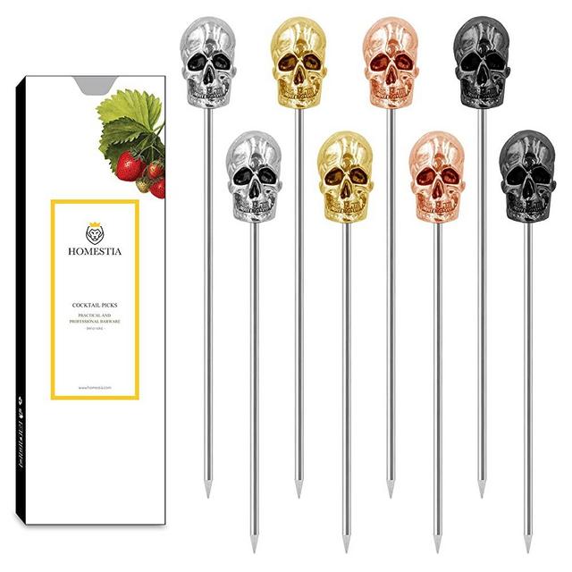 Skull Cocktail Picks Stainless Steel Martini Picks Reusable Toothpicks Garnish Forks Fruit Toothpicks for Olives, Appetizer, Sandwiches, Cherries 4.4 Inch Set of 8 by Homestia