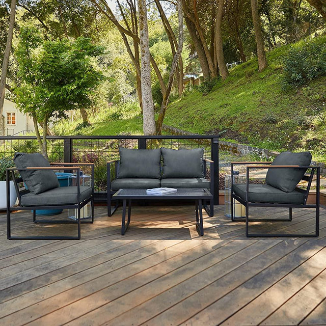 EAST OAK Patio Furniture Set, 4-Piece Outdoor Patio Set with Sofa, Removable & Washable Deep Seating Cushion, Tempered Glass Table, Outside Patio Conversation Sets, Black & Dark Grey