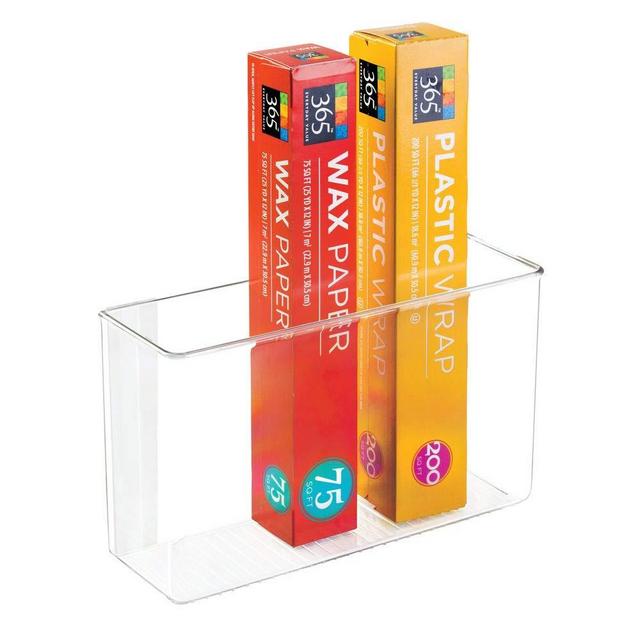 mDesign Modern Plastic Adhesive Cabinet and Wall Mount Storage Organizer Bin for Boxed Sandwich Bags, Plastic Wrap, Aluminum Foil, Parchment/Wax Paper, 3.5" x 11" x 6.5" - Clear