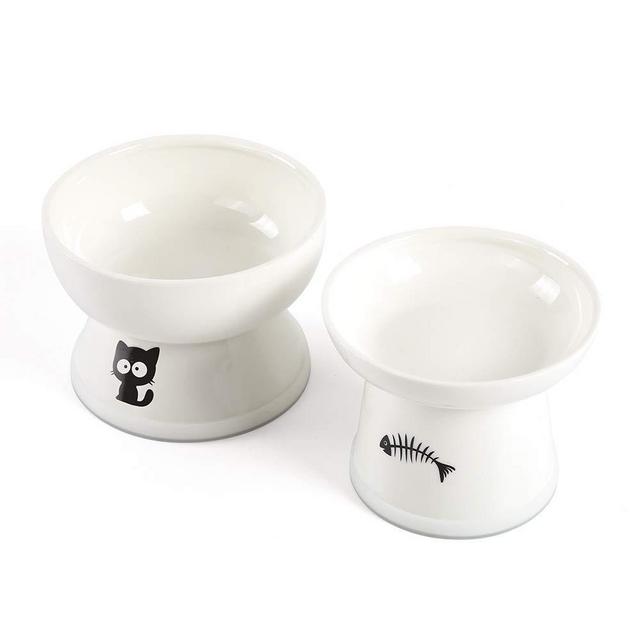 FOREYY Raised Cat Food and Water Bowl Set, Elevated Ceramic Cat Feeder Bowls with Anti Slip Band, Porcelain Pet Dish with Stand, Stress Free, Backflow Prevention, Dishwasher and Microwave Safe (White)