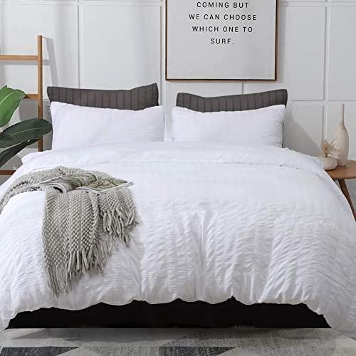 AveLom Seersucker Stripe Duvet Cover King (104 x 90 Inches), 3 Pieces White Zipper Closure Corner Ties Soft Washed Microfiber Duvet Cover for Men,Women