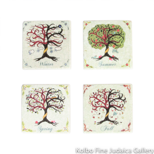 Coasters, Four Seasons Design, Printed on Botticino Marble with Cork Backing, Set of Four
