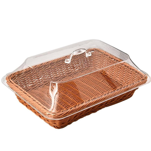 Large Handwoven Rattan-Style Bread Basket with Clear Acrylic Lid, Hand Woven Imitation Rattan Food Cover, Woven Wicker Bread Basket for Serving, Fruits and Vegetables Snacks Dried Fruits (Brown, S)