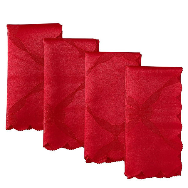 Newbridge Square Napkin, Set of 4 Napkins, Ribbons and Bows Damask, Wrinkle and Stain Resistant Square Napkins, Holiday Red