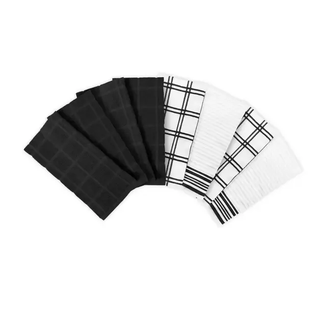 KitchenSmart® Colors Solid/Plaid Kitchen Towels in Black (Set of 8)