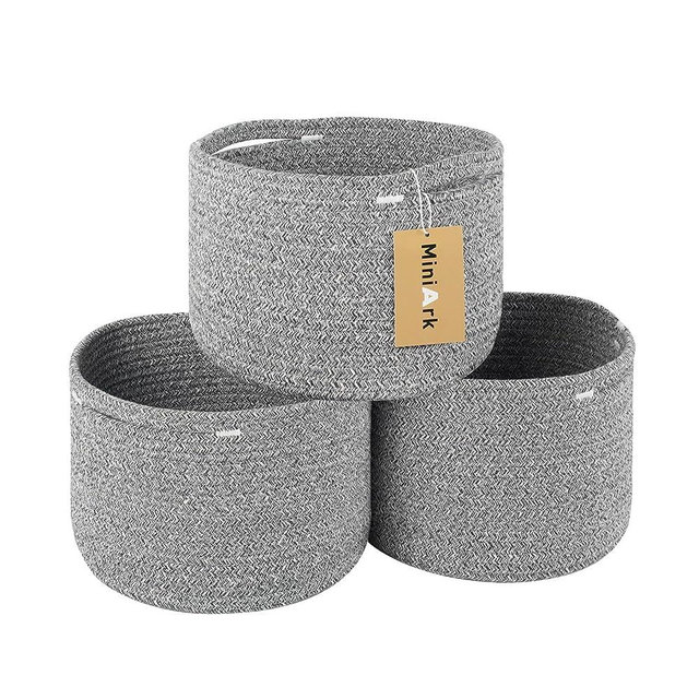 MiniArk Small Storage Basket | Woven Rope Baskets| Baskets for Nursery Storage | Cute Baskets for Organizing | Soft Baby Basket | Cube Shelf Closet Storage Baskets | Round 3 Packs Mixed Grey
