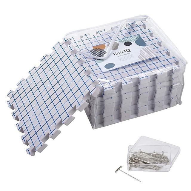 KnitIQ Blocking Mats for Knitting - Extra Thick Blocking Boards with Grids with 100 T-pins and Storage Bag for Needlework or Crochet - Pack of 9