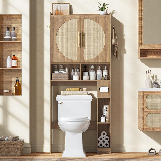 Over The Toilet Storage Cabinet,Farmhouse Toilet Cabinet Rack with 2 Barn Doors & Adjustable Shelf,Space Saving Bathroom Organizer with Toilet Paper Holder Stand for Bathroom, Restroom, Laundry，Oak