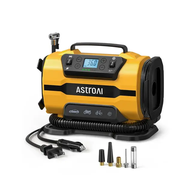 AstroAI Tire Inflator Portable Air Compressor Pump 150PSI 12V DC/110V AC with Dual Metal Motors for car, bicycle tires