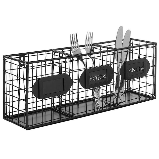 MyGift 15.7 Inch Utensil Organizer Wall Mounted Black Metal Kitchen Silverware Flatware Caddy Holder, Countertop Storage Basket with 3 Compartments and Chalkboard Labels