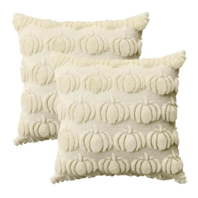 AVOIN colorlife Fall Pumpkin Beige Throw Pillow Covers, 18 x 18 Inch Seasonal Autumn Thanksgiving Harvest Decoration Soft Plush Faux Fur Jacquard Cushion Case Decoration for Sofa Couch Set of 2