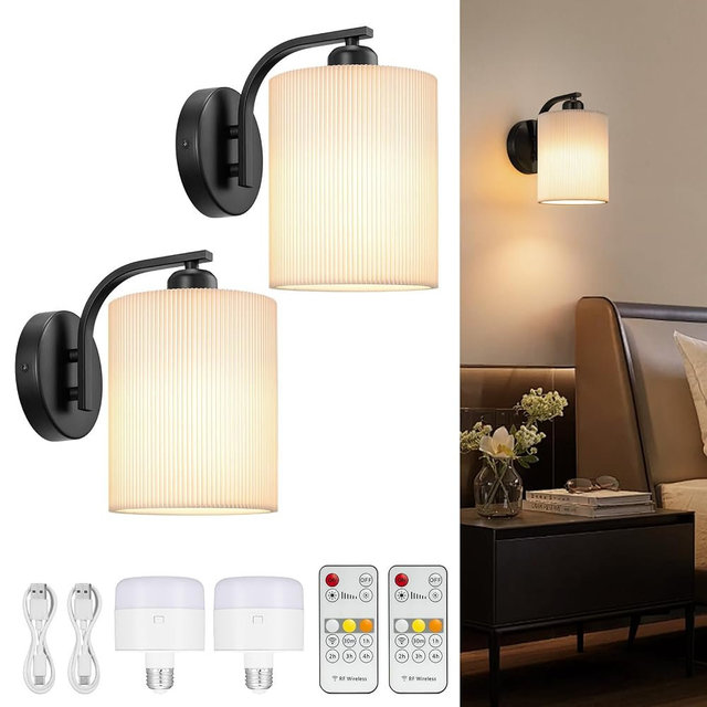 Glitnous Battery Operated Wall Sconce Set of 2, Rechargeable Wall Sconce with 13000mAh Bulb Pleated Fabric, Wireless Battery Powered Wall Sconces Set of 2 for Bedroom Living Room, Black