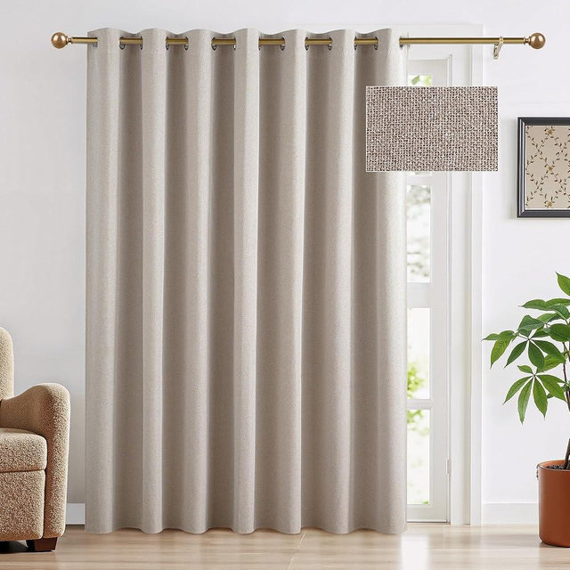 RYB HOME 100% Blackout Linen Curtain for Sliding Glass Doors, Extra Wide Thermal Insulated Privacy Curtains for Bedroom/Patio Door/Living Room/Open Closet, Room Divider, Linen, W100xL84, 1 Panel