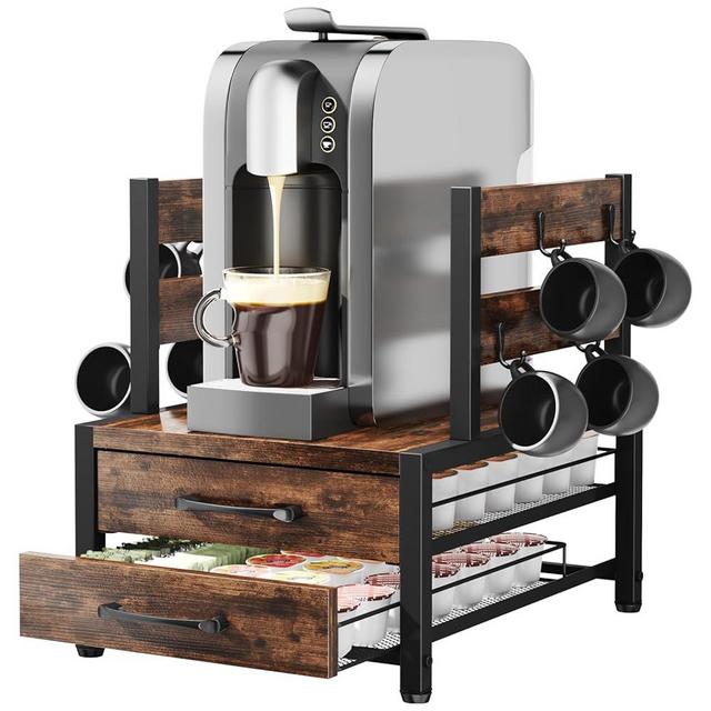 Homsorout K Cup Holder Drawer - Coffee Pod Organizer for Counter, Sturdy k cups Storage Drawer with Mug Rack, Coffee Maker Stand, 70 Capacity Pods, Home Kitchen Counter Organizer, Rustic Brown