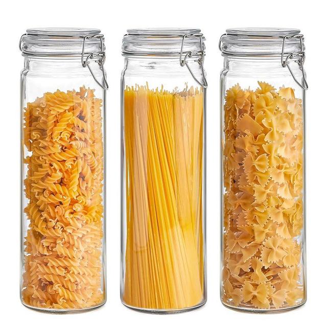 ComSaf 60oz Airtight Glass Jars Set of 3 with Lids Food Storage Jar Round - Tall Spaghetti Container with Clear Preserving Seal Wire Clip Fastening for Kitchen Canning, Pasta, Nut, Dry Goods