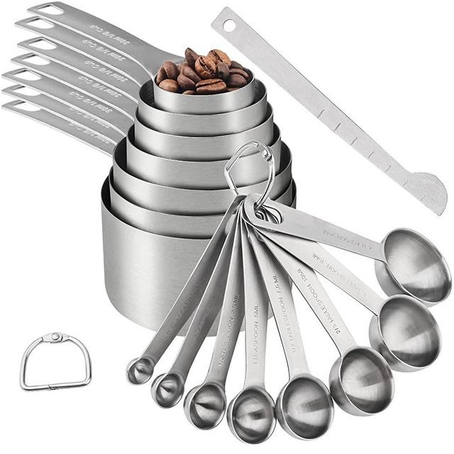Stainless Steel Measuring Cups and Spoons Set of 15 Pieces, 7 Nesting Cups and 8 Stackable Spoons with 1 Leveler, Kitchen Gadgets for Liquid Wet and Dry Ingredients during Cooking & Baking .