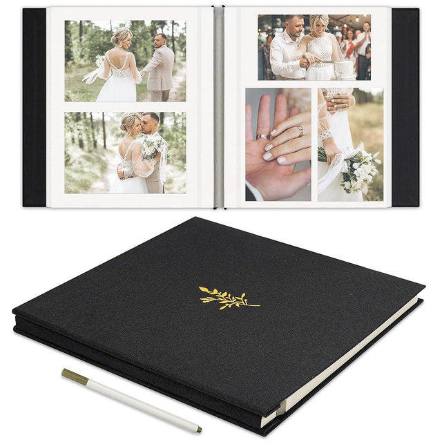 Remowith Self Adhesive Photo Album, Black Scrapbook Album with DIY 40 Blank Pages, Wedding Photo Album with A Metallic Pen for 4x6 5x7 2x3 Pictures, 10.6"x11"