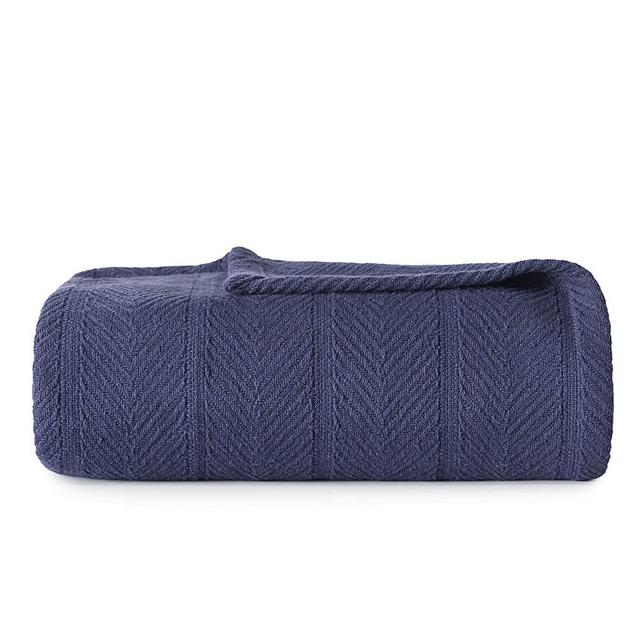 Eddie Bauer Home | Herringbone Collection | Blanket - 100% Cotton, Lightweight & Breathable, Machine Washable Easy Care, Queen, Navy