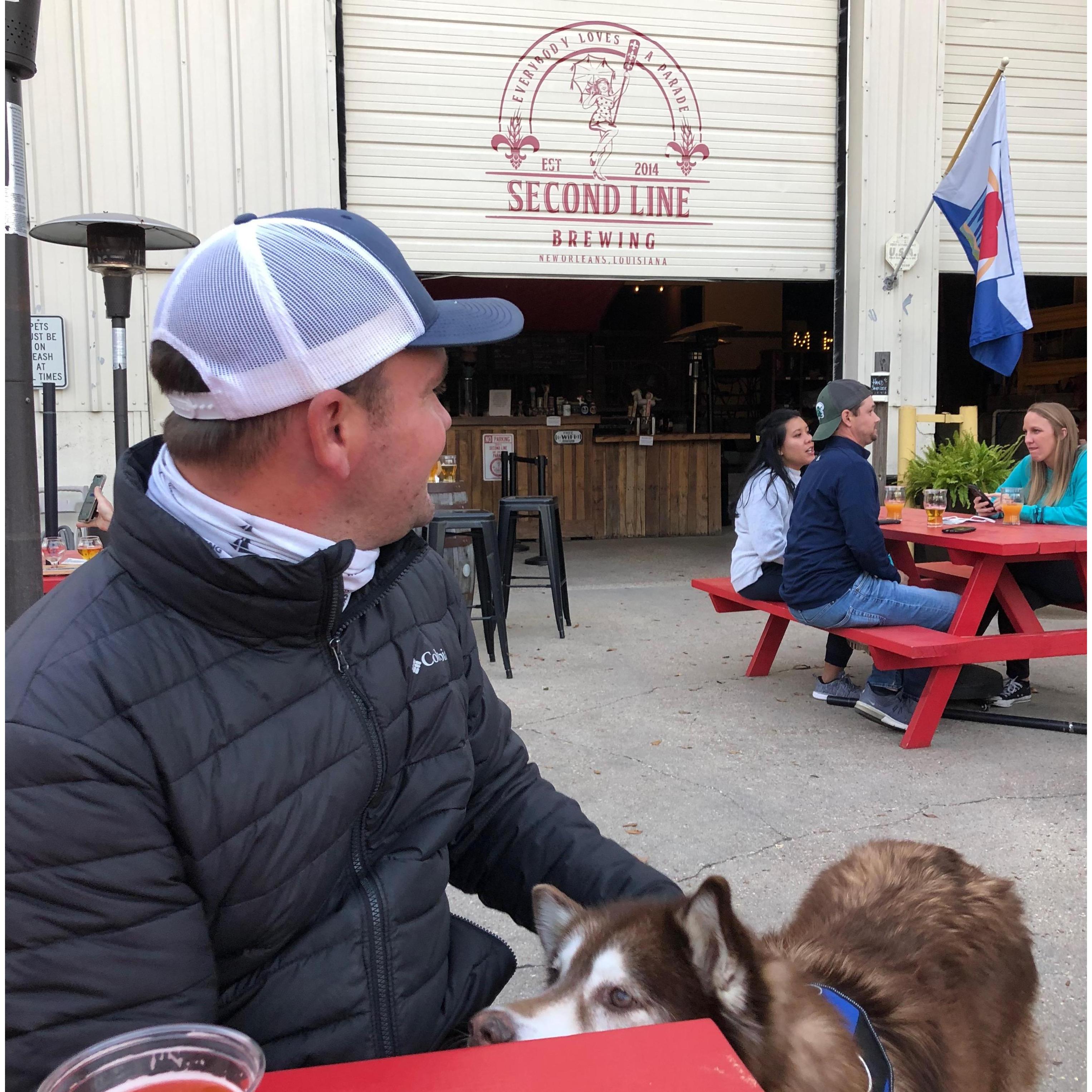 Finding one of his new "happy" places in NOLA, Second Line Brewery.