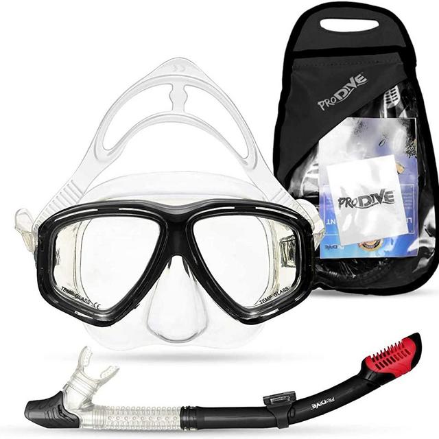 PRODIVE Premium Dry Top Snorkel Set - Impact Resistant Tempered Glass Diving Mask,Watertight and Anti-Fog Lens for Best Vision, Easy Adjustable Strap, Waterproof Gear Bag Included